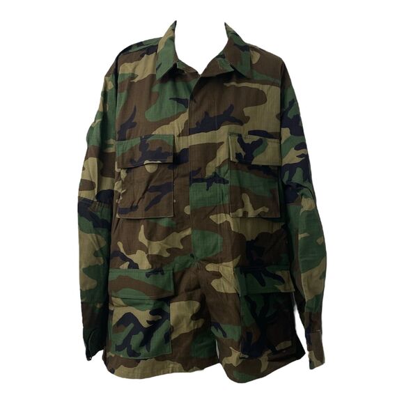 Men’s Large Tactical BDU Camo Jacket Woodland Green Long Sleeve Button Down - Picture 1 of 13